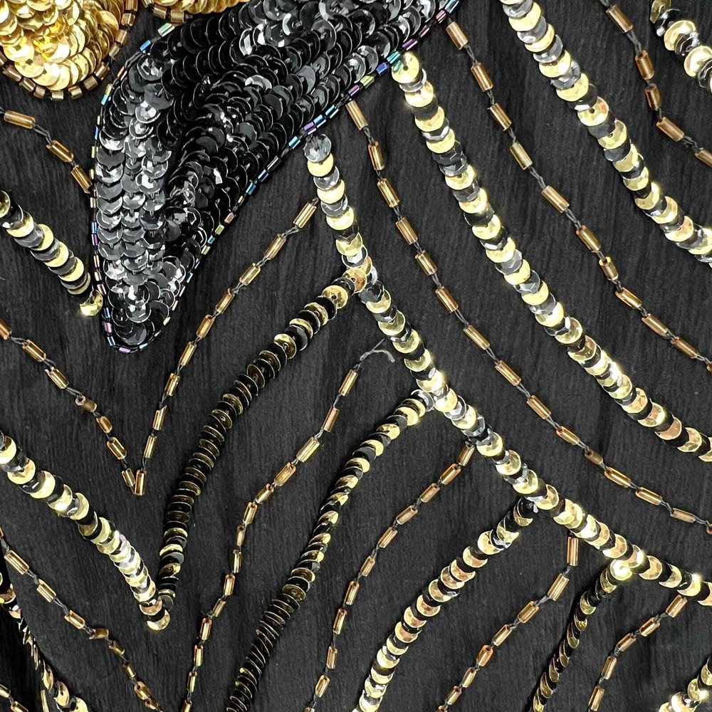 VINTAGE 80s Sequin Top Women Small Black Gold Beaded Silk Party Blouse Disco - Picture 16 of 16